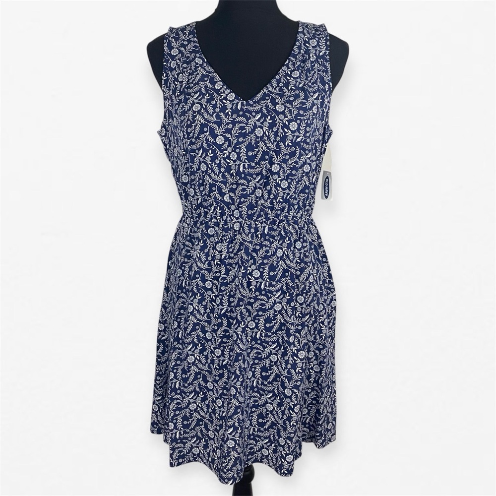 Floral Blue Sundress Dress a-line stretch waist V-neck Old Navy M Petite NWT
